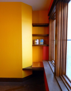 Built-in seat and shelving in a Lower Level Bedroom.